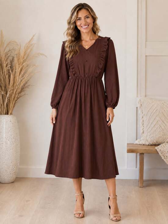 Sweet Salt Dresses & Skirts - Sweet Salt Brown Midi Dress Womens L Ruffle Long Sleeve Stretch Cottagecore